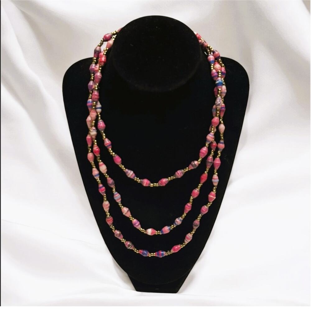 Vintage African Handcrafted, Paperbead Necklace w/Small Gold Bead Accents